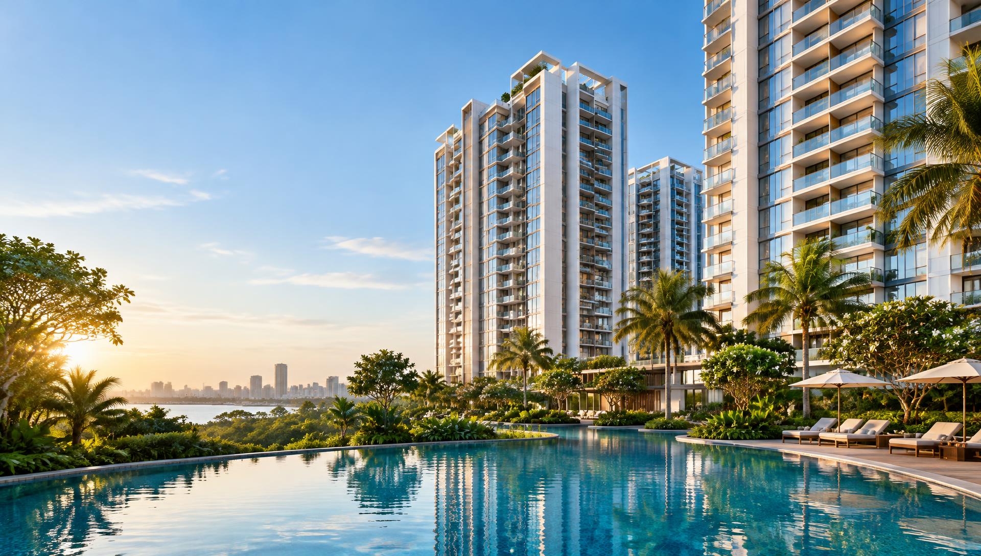 Illustrative luxury residences with landscaped gardens and a swimming pool