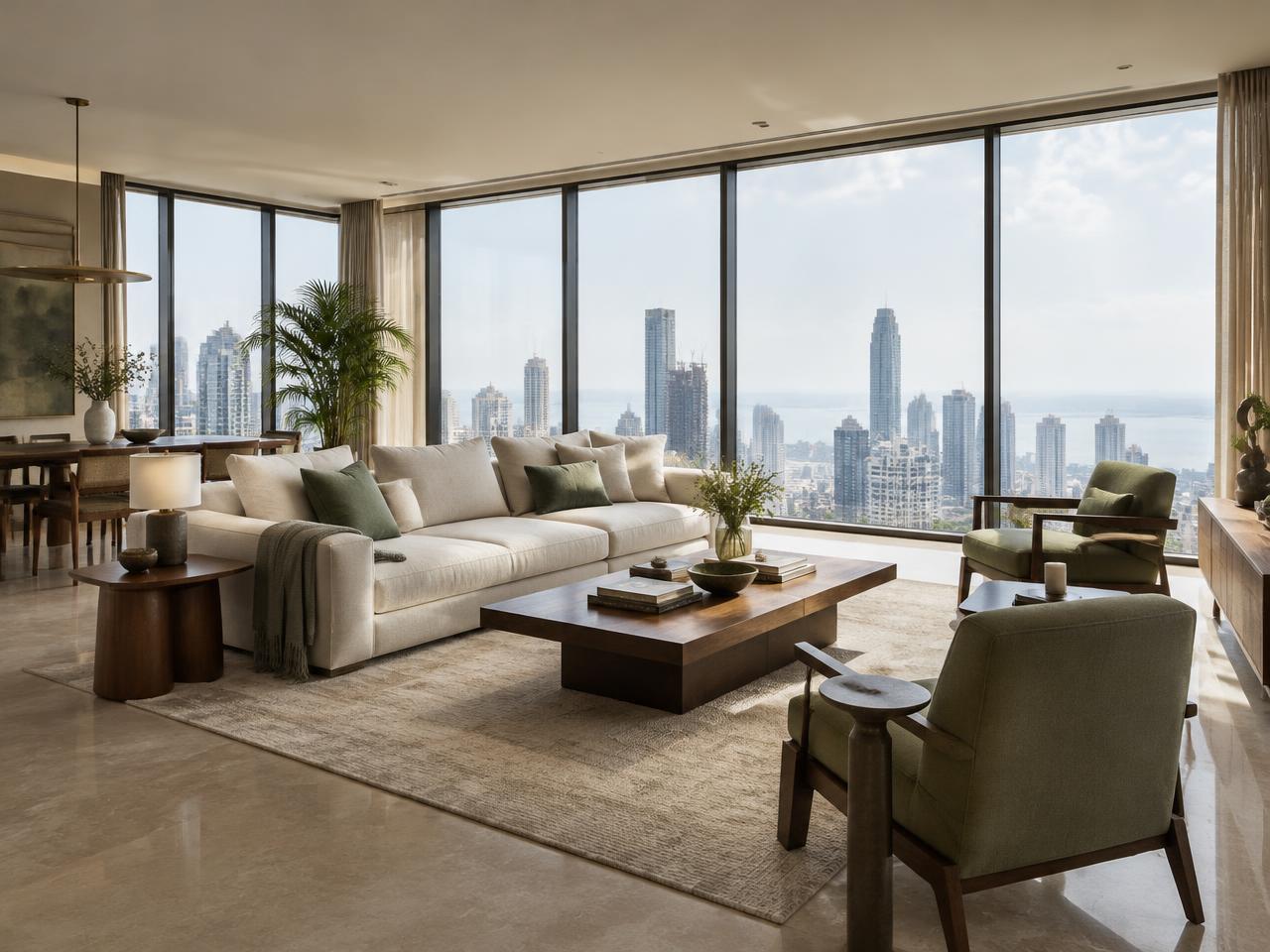 Illustrative contemporary home overlooking the Mumbai skyline